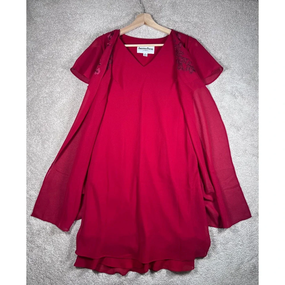 VTG Retro Dress Another Thyme‎ Red Floral Embroidered Party Cocktail 6P Layered